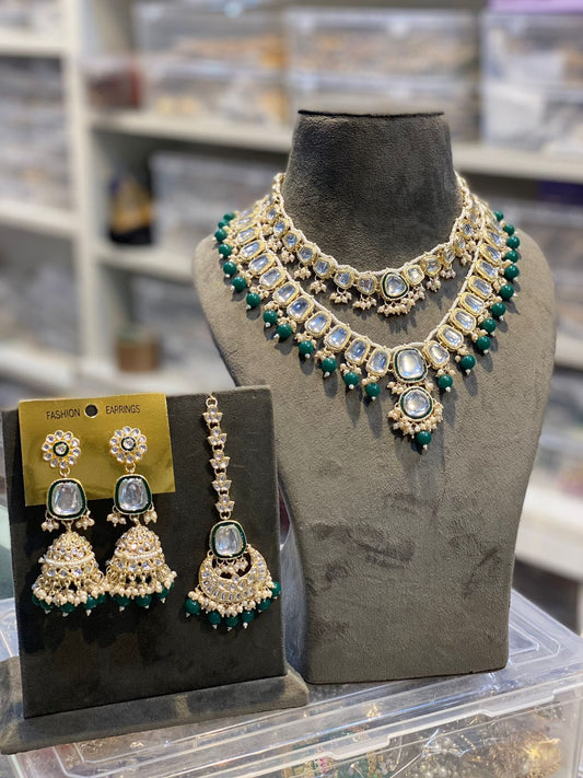 Zevar Necklace Zevar Kundan Pearl Beaded Choker and Long Combo Necklace in Dark Green - Exquisite Indian Jewelry