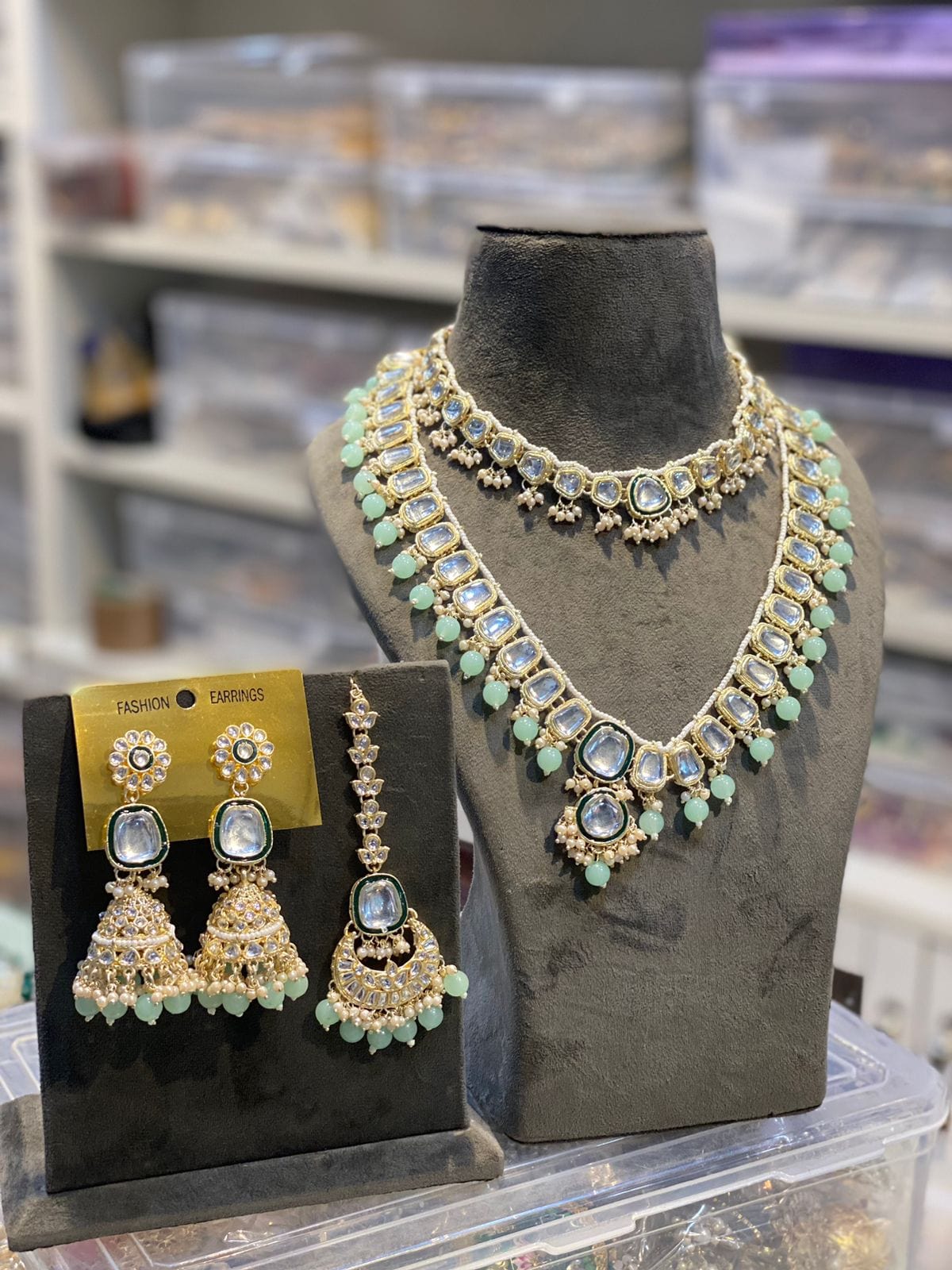 Zevar Necklace Zevar Kundan Pearl Beaded Choker and Long Combo Necklace in Light Green - Exquisite Indian Jewelry