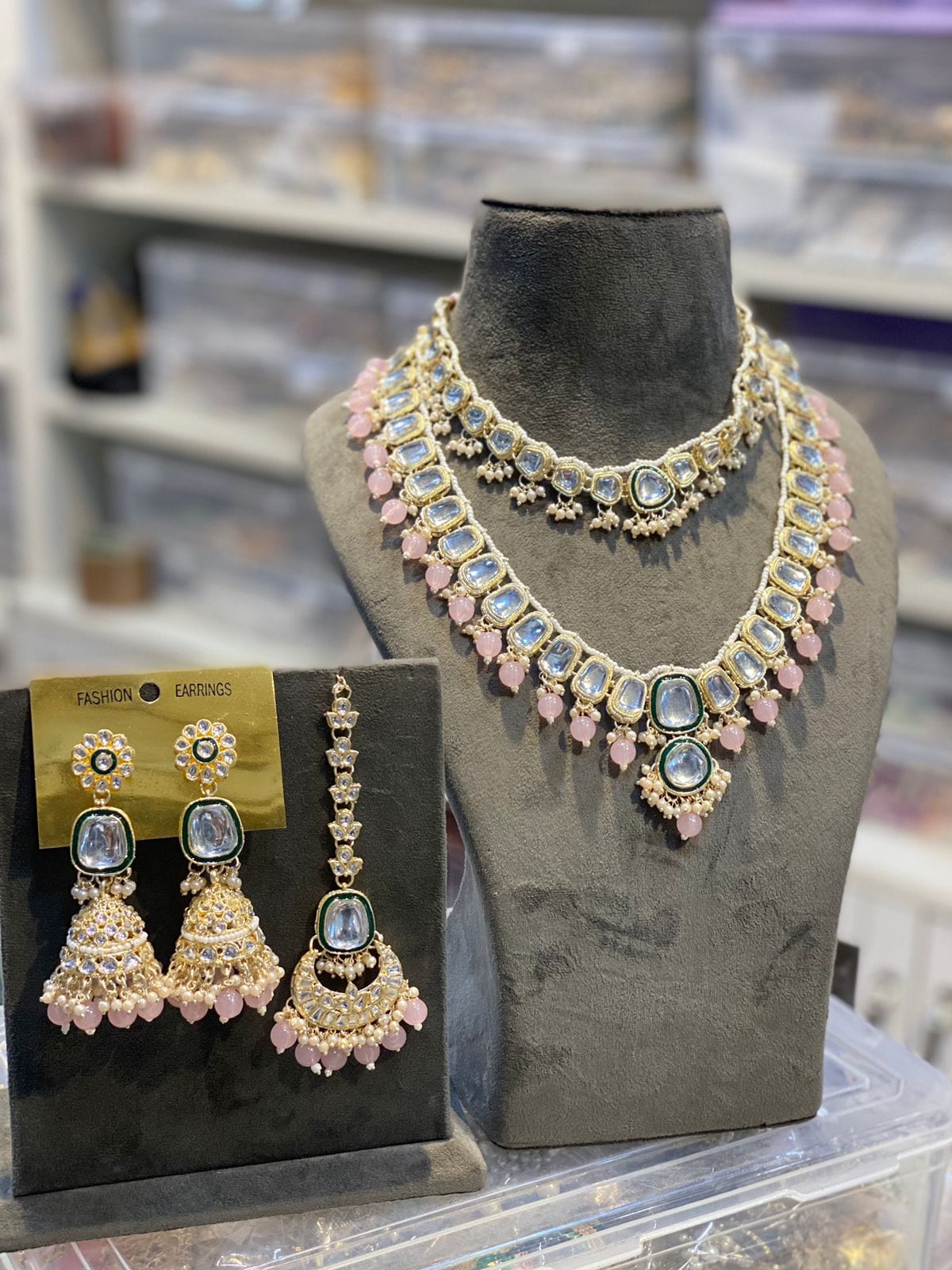 Zevar Necklace Zevar Kundan Pearl Beaded Choker and Long Combo Necklace in Light Pink - Exquisite Indian Jewelry