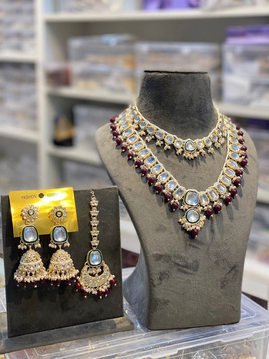 Zevar Necklace Zevar Kundan Pearl Beaded Choker and Long Combo Necklace in Maroon - Exquisite Indian Jewelry