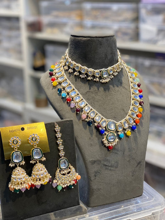 Zevar Necklace Zevar Kundan Pearl Beaded Choker and Long Combo Necklace in Multicolor - Exquisite Indian Jewelry
