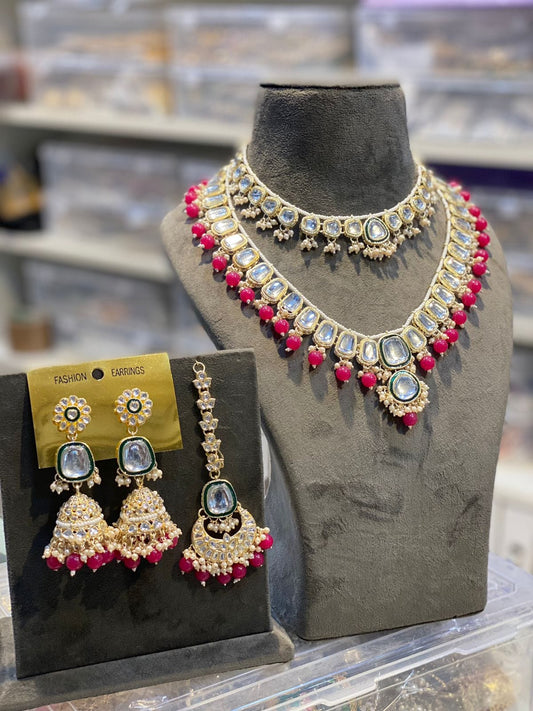 Zevar Necklace Zevar Kundan Pearl Beaded Choker and Long Combo Necklace in Red - Exquisite Indian Jewelry