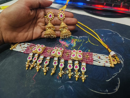 Zevar Necklace Zevar Pink Polki Kundan Choker Necklace Set - Traditional Indian Jewelry