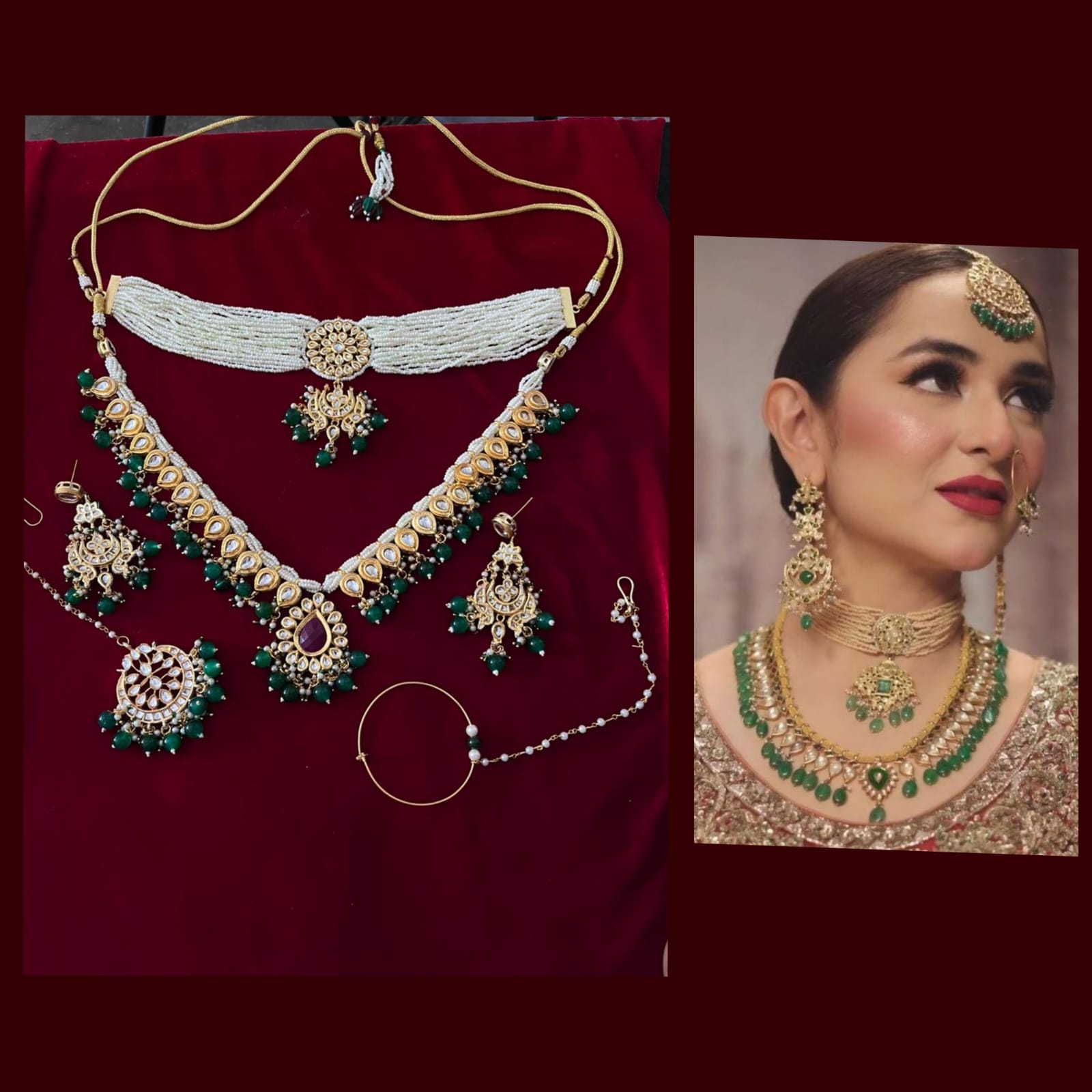 Zevar Necklaces Green Drops and White Kundan Stone Choker Necklace