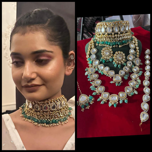 Zevar Necklaces Heavy Green Choker and Long Set Kundan