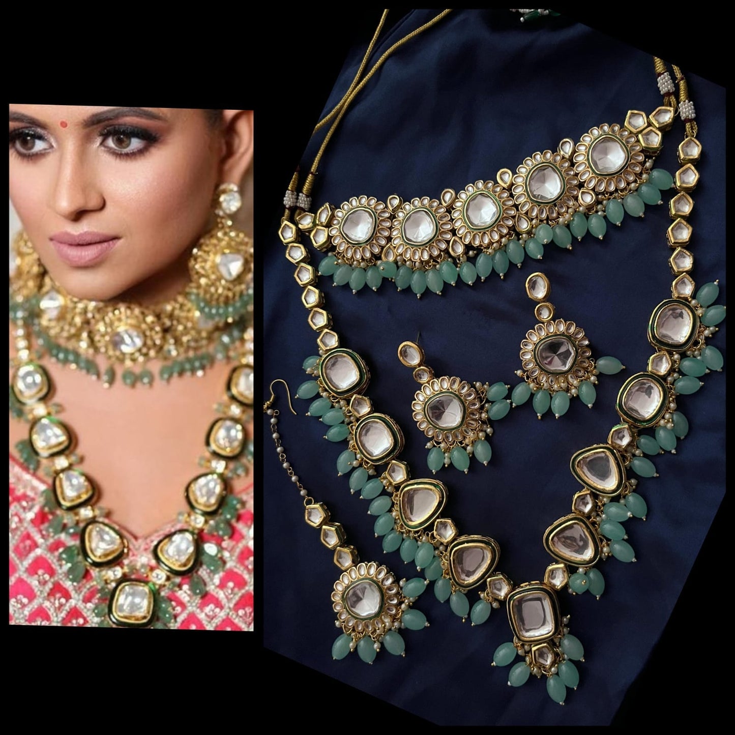 Zevar Necklaces Kundan Stone Green Heavy Choker and Long Set