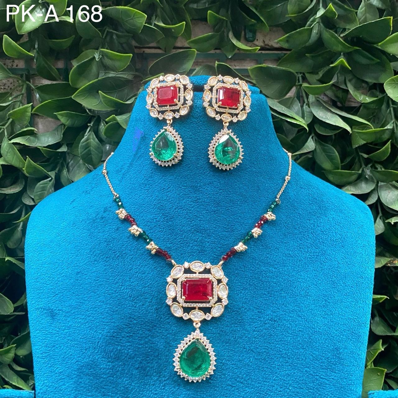 Zevar Necklaces Multicolor Pink and Green Stones - Necklace and Earrings
