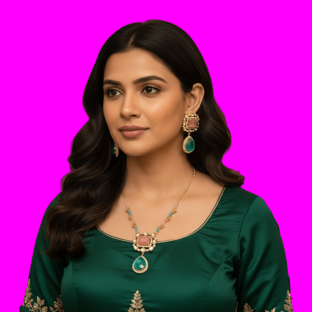 Zevar Necklaces Pink and Green Stones - Necklace and Earrings