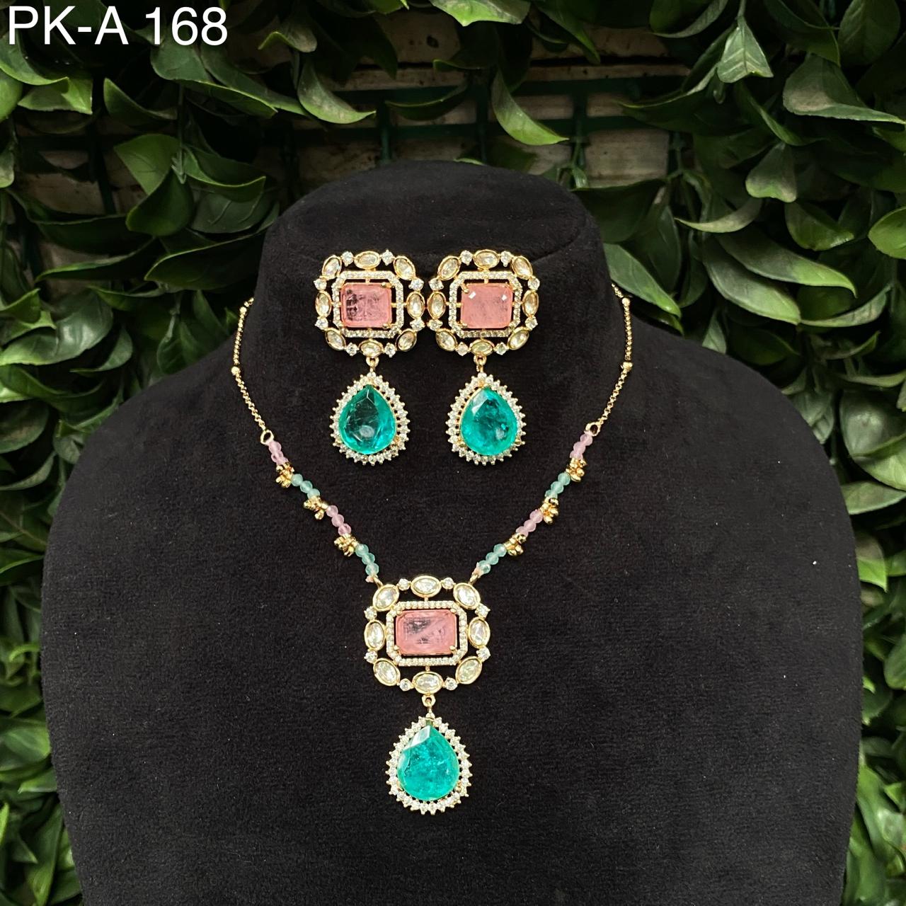 Zevar Necklaces Pink Pink and Green Stones - Necklace and Earrings