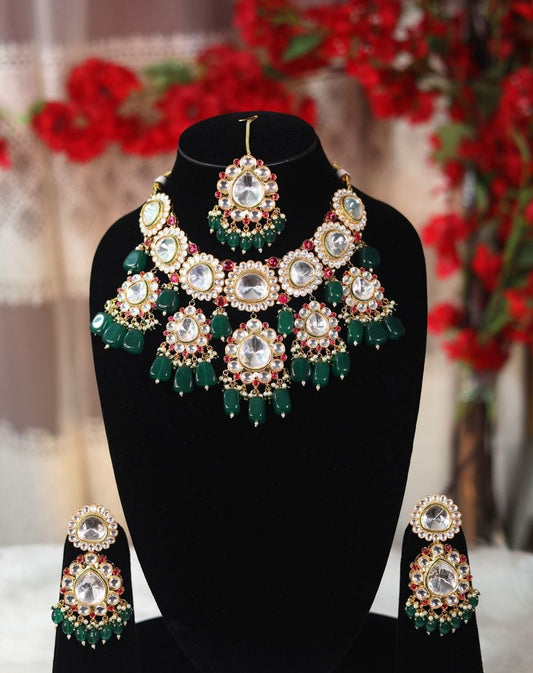 Zevar Necklaces Premium Kundan Necklace Set in Green and Maroon