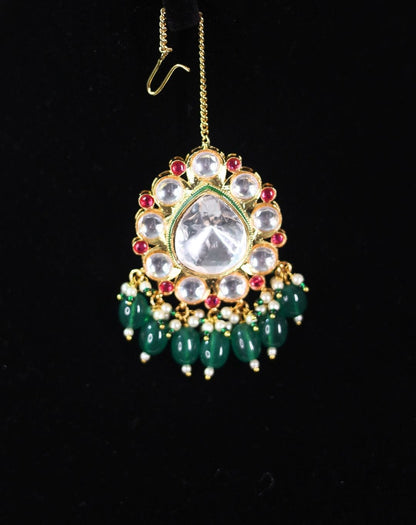 Zevar Necklaces Premium Kundan Necklace Set in Green and Maroon
