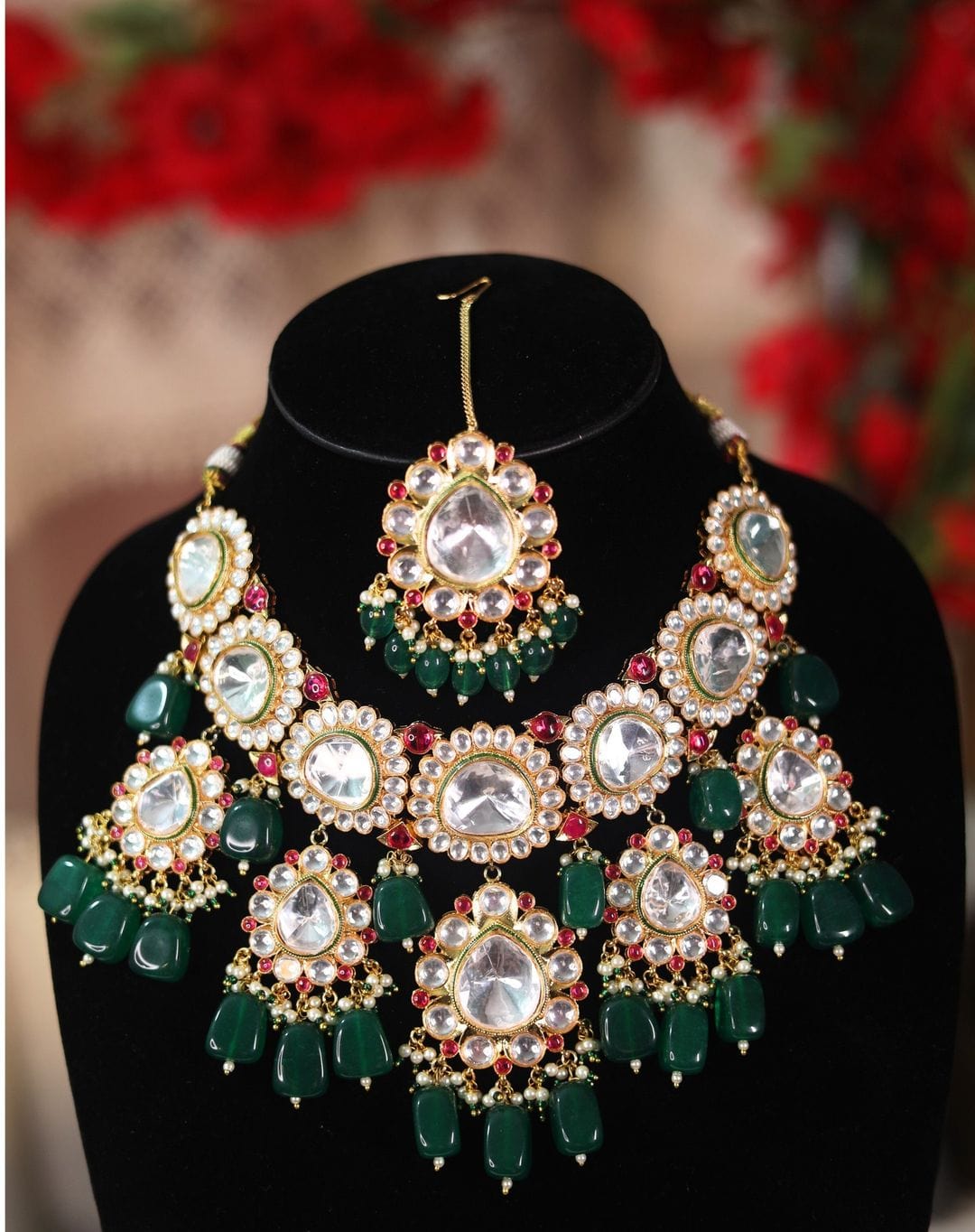 Zevar Necklaces Premium Kundan Necklace Set in Green and Maroon