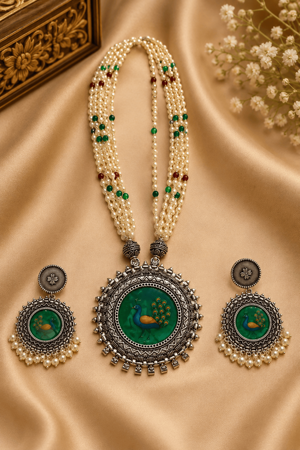 Zevar Peacock Meenakari Pearl Necklace Set with Earrings – Oxidised Silver