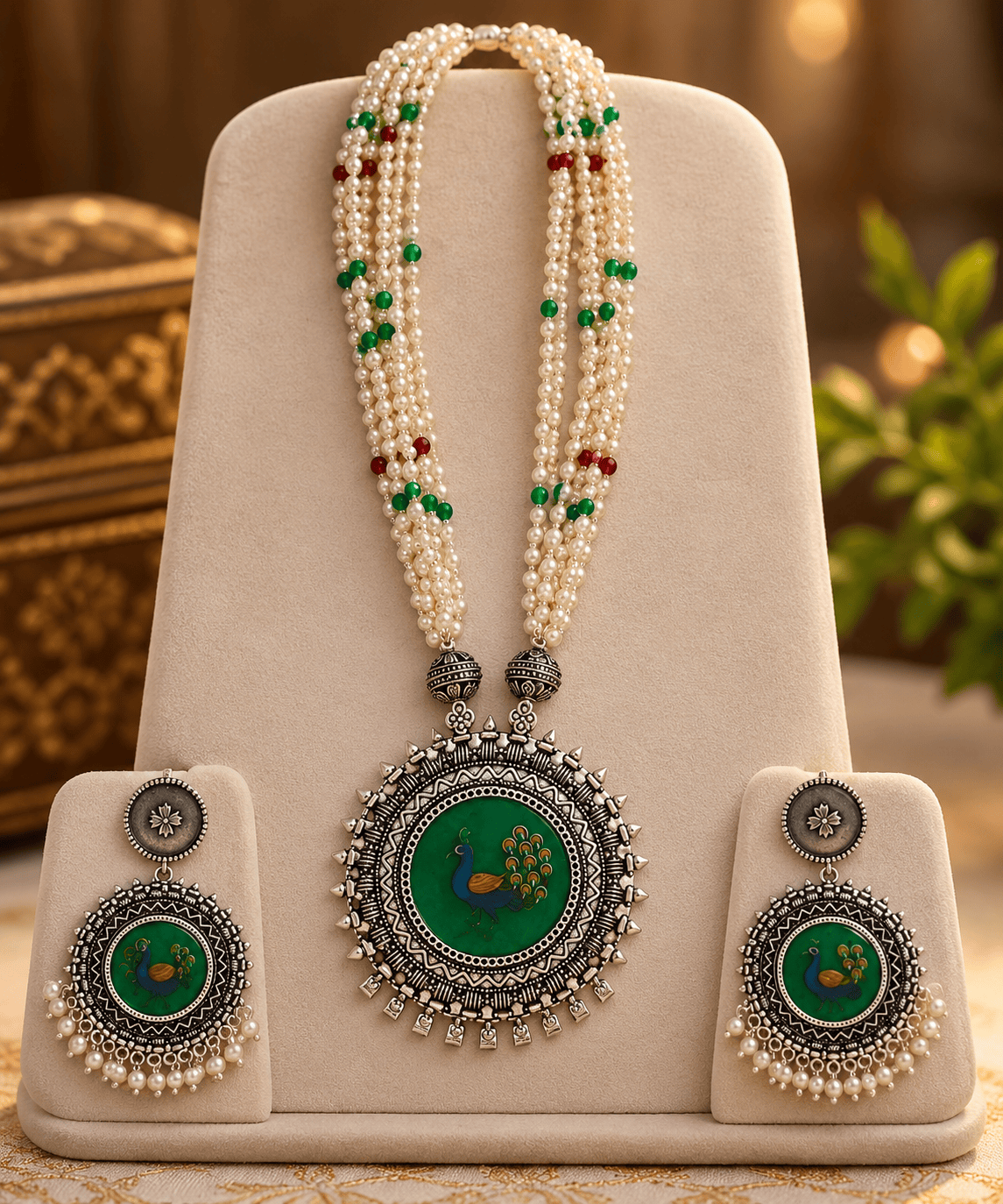 Zevar Peacock Meenakari Pearl Necklace Set with Earrings – Oxidised Silver