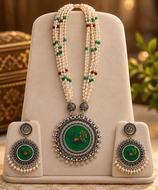 Zevar Peacock Meenakari Pearl Necklace Set with Earrings – Oxidised Silver