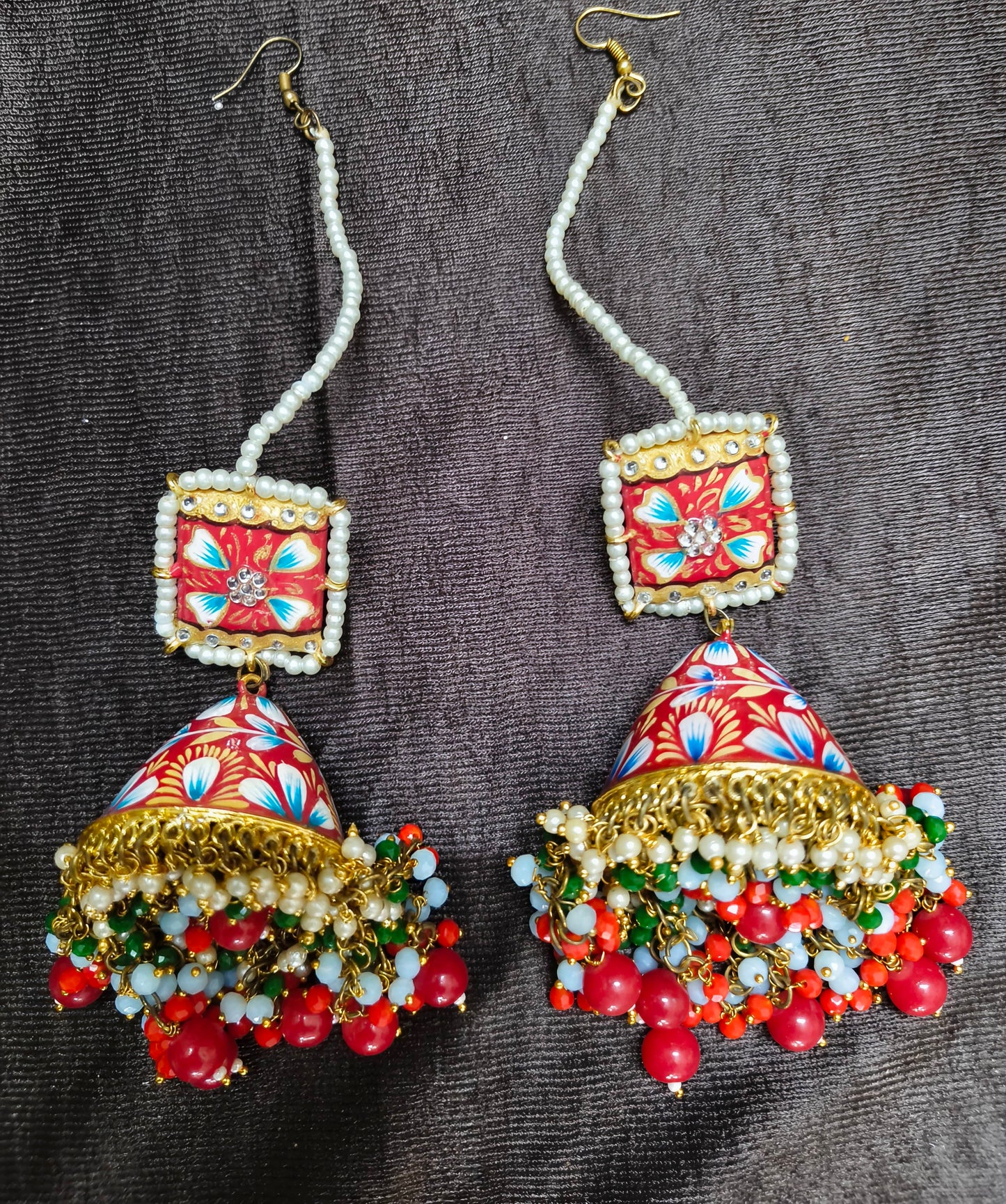 Zevar Red Meenakari Jhumka Earrings | Traditional Kundan Pearl & Beaded Jhumki for Women