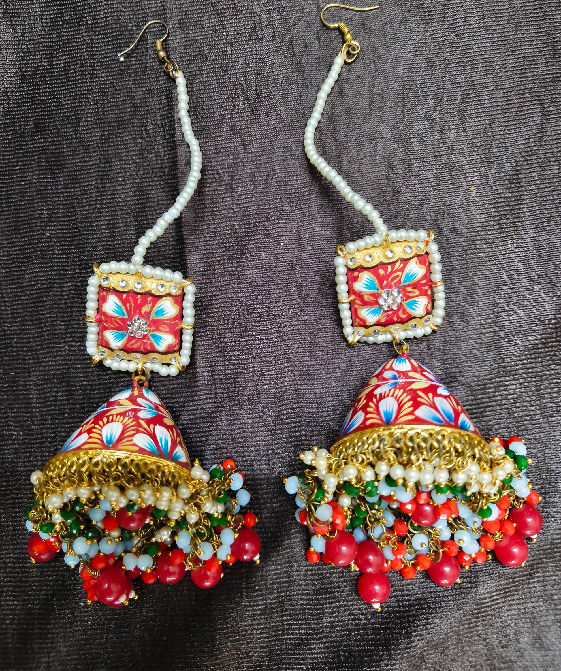 Zevar Red Meenakari Jhumka Earrings | Traditional Kundan Pearl & Beaded Jhumki for Women