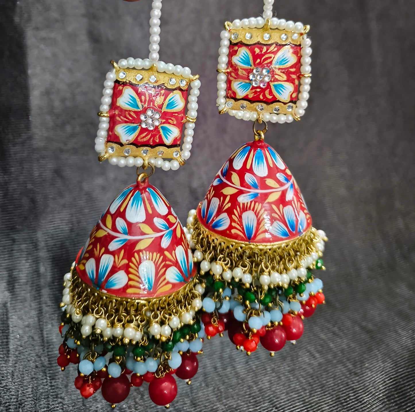 Zevar Red Meenakari Jhumka Earrings | Traditional Kundan Pearl & Beaded Jhumki for Women