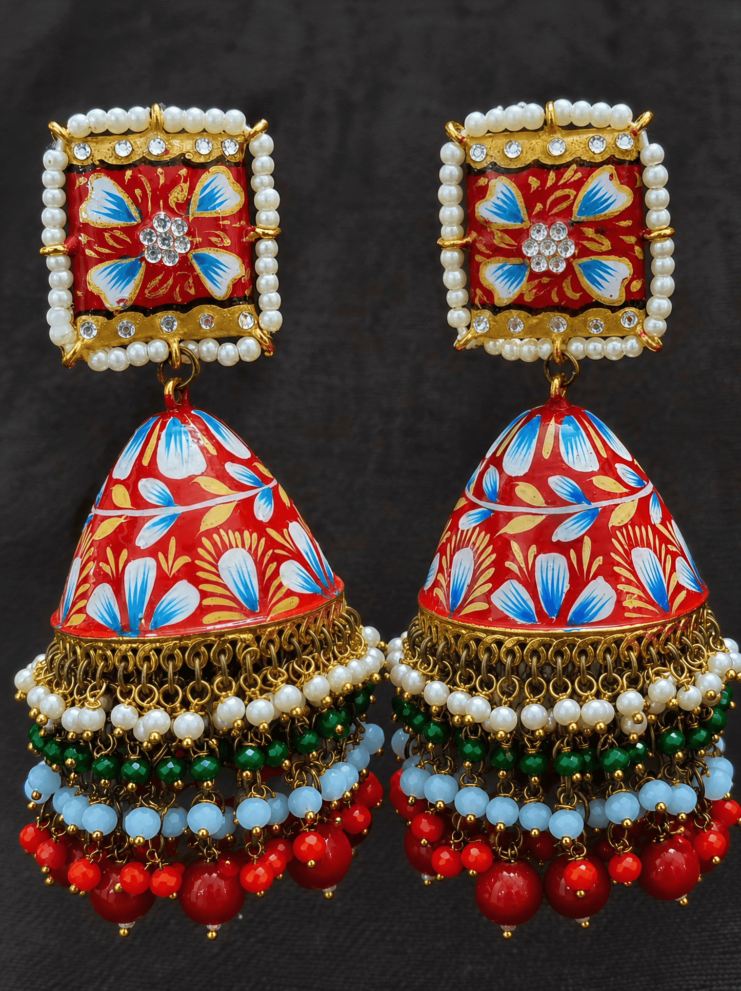 Zevar Red Meenakari Jhumka Earrings | Traditional Kundan Pearl & Beaded Jhumki for Women