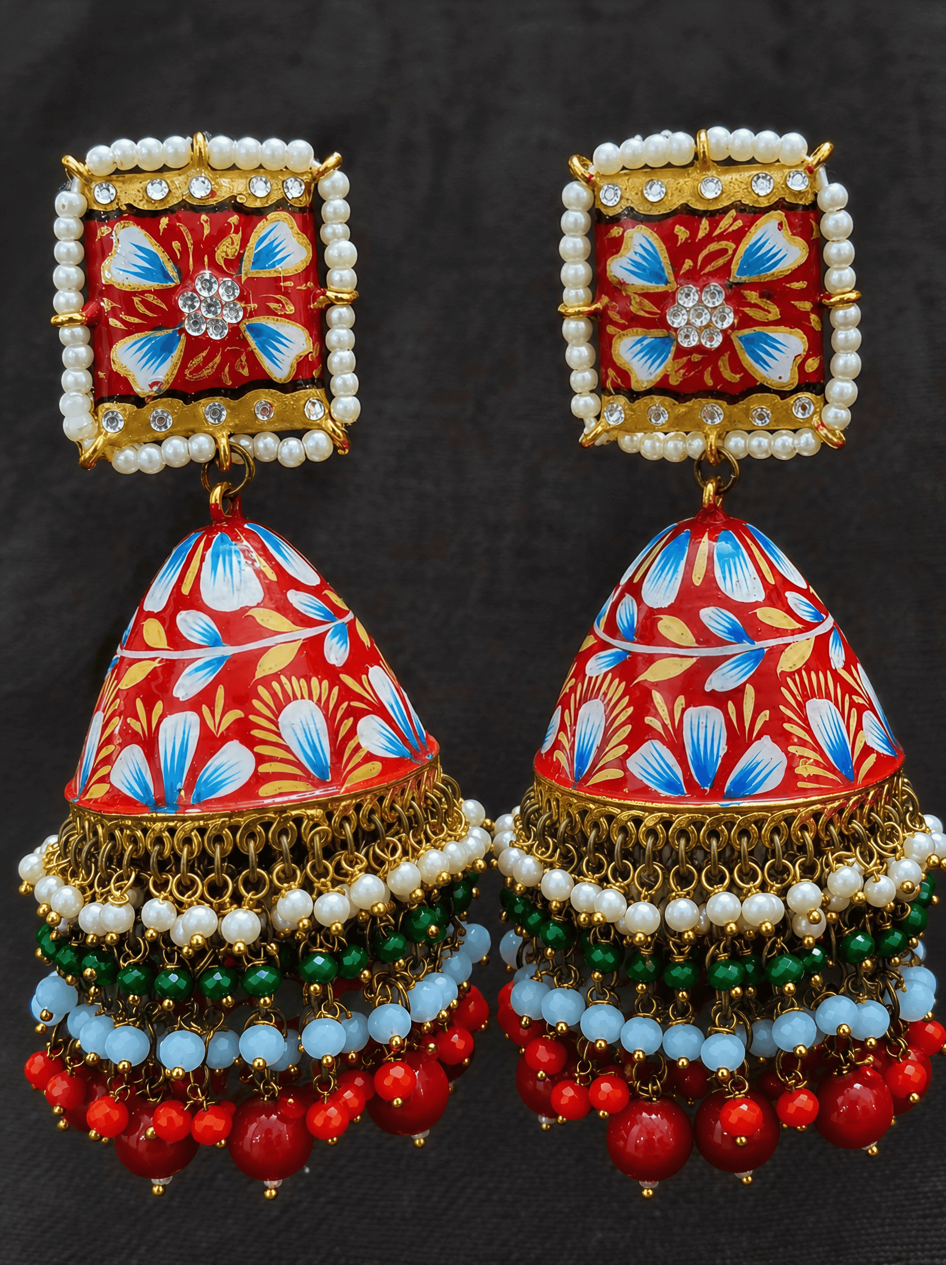 Zevar Red Meenakari Jhumka Earrings | Traditional Kundan Pearl & Beaded Jhumki for Women