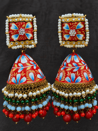 Zevar Red Meenakari Jhumka Earrings | Traditional Kundan Pearl & Beaded Jhumki for Women