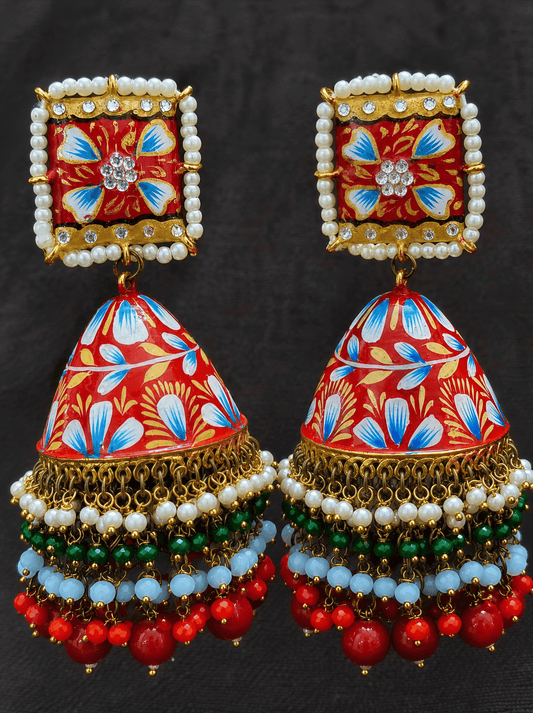 Zevar Red Meenakari Jhumka Earrings | Traditional Kundan Pearl & Beaded Jhumki for Women