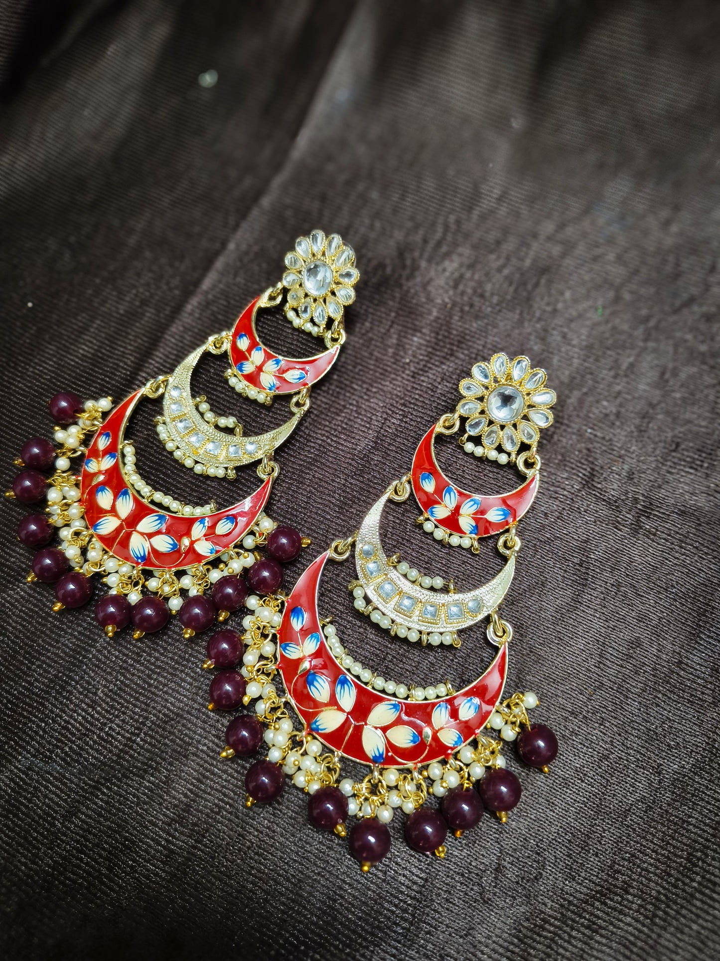 Zevar Red Meenakari Kundan Chandbali Jhumka Earrings – Traditional Bridal Ethnic Jewellery