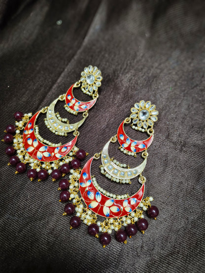 Zevar Red Meenakari Kundan Chandbali Jhumka Earrings – Traditional Bridal Ethnic Jewellery