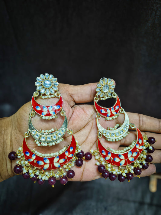Zevar Red Meenakari Kundan Chandbali Jhumka Earrings – Traditional Bridal Ethnic Jewellery