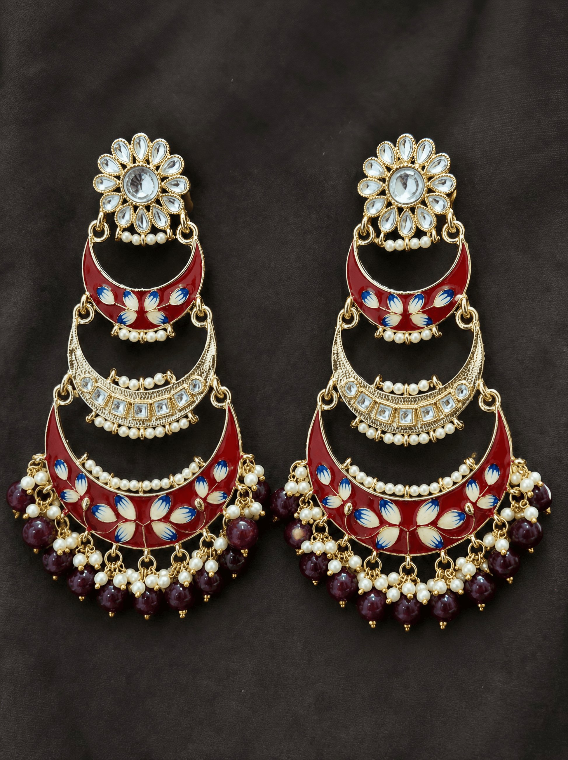 Zevar Red Meenakari Kundan Chandbali Jhumka Earrings – Traditional Bridal Ethnic Jewellery