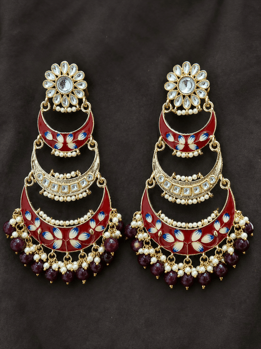 Zevar Red Meenakari Kundan Chandbali Jhumka Earrings – Traditional Bridal Ethnic Jewellery