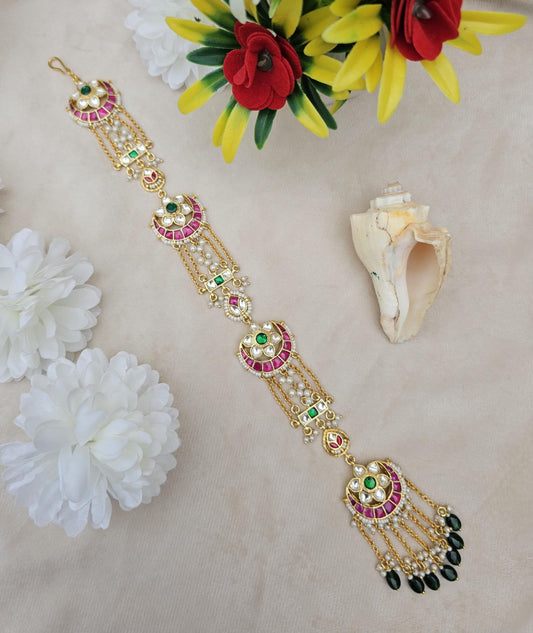 Zevar Regal Pachi Kundan Choti Hair Accessory – Ruby Green & Pearl