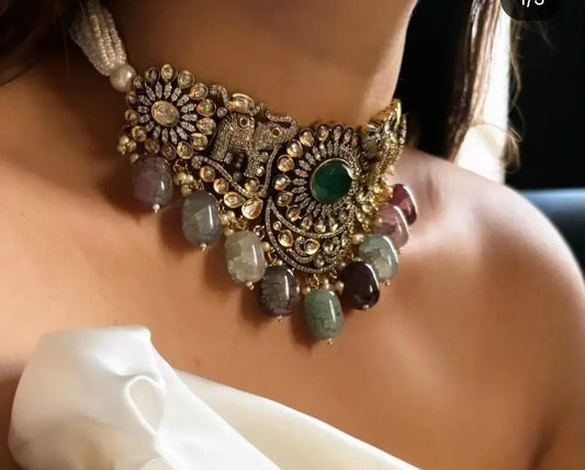 Zevar Royal Elephant Polki Choker Necklace Set with Multicolor Agate Drops | Bridal Statement Jewellery