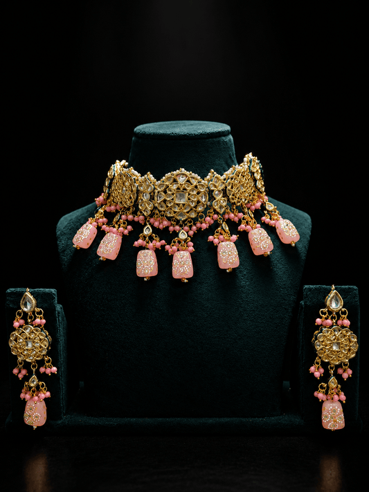 Zevar Royal Pink Kundan Necklace Set with Earrings