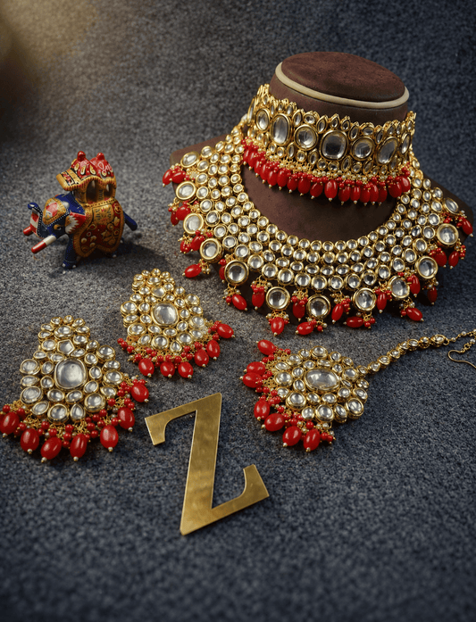 Zevar Royal Red Kundan Bridal Jewellery Set – Necklace, Earrings & Maang Tikka