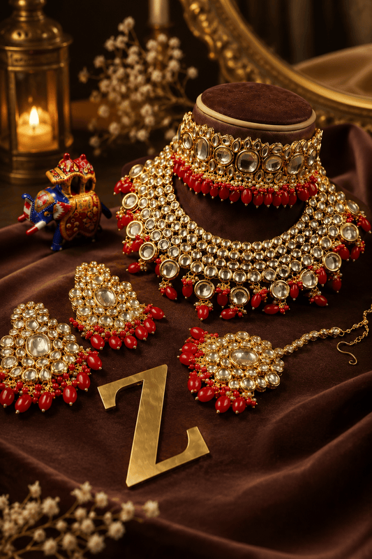 Zevar Royal Red Kundan Bridal Jewellery Set – Necklace, Earrings & Maang Tikka