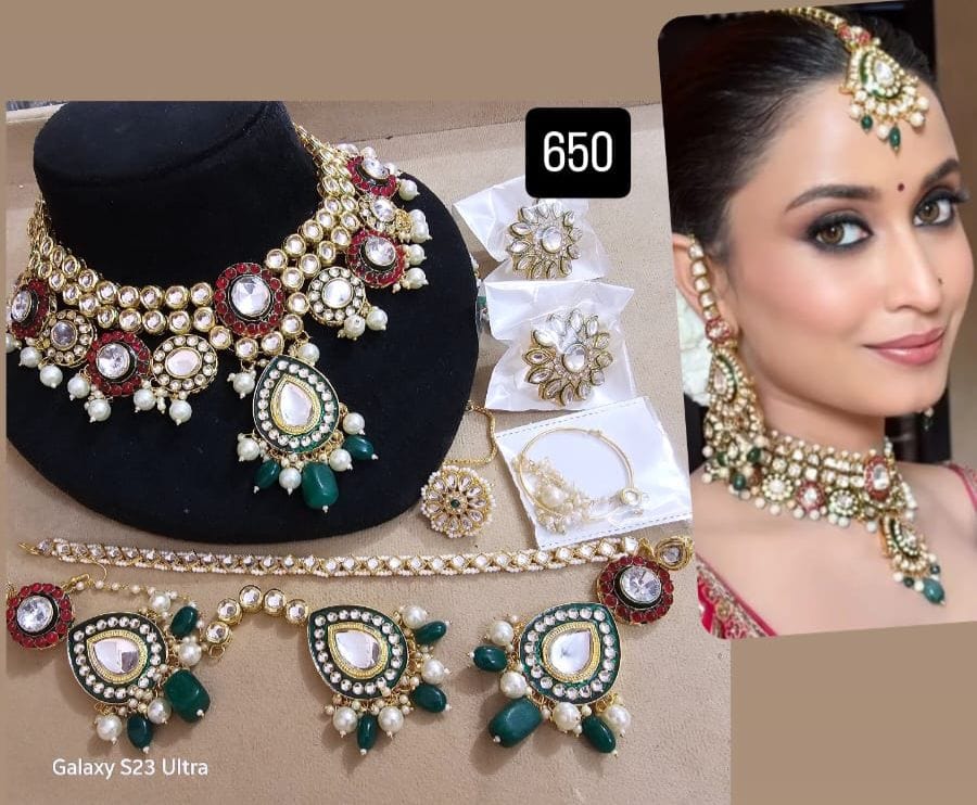 Zevar Semi Bridal Jewellery Semi Bridal Kundan Set with Maroon and Green Detailing