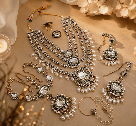 Zevar Semi Bridal Jewellery White Kundan Half Bridal Necklace Set with Pearls | Designer Wedding Jewellery Set for Women