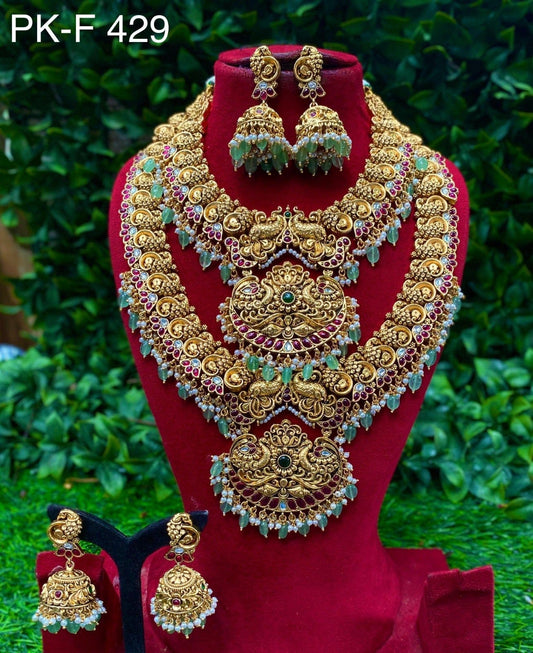 Zevar Temple Jewellery Set Gold-Plated Stones Beaded Temple Jewellery Necklace Set with Earrings