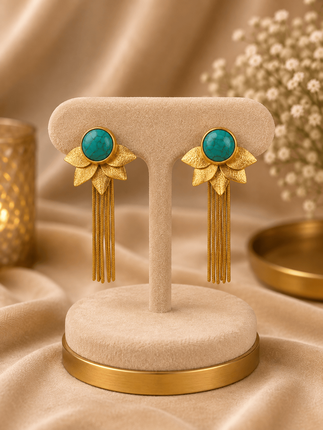 Zevar Turquoise Floral Gold-Tone Long Drop Earrings