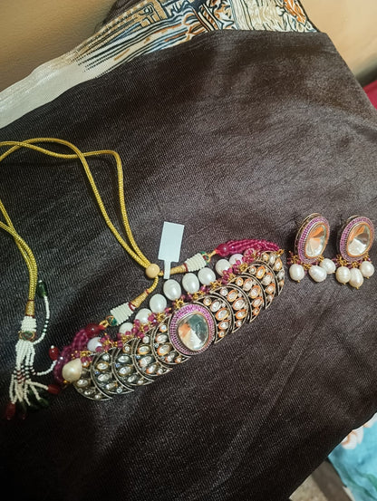 Zevar Zevar Royal Ruby & Pearl Crescent Kundan Choker Set