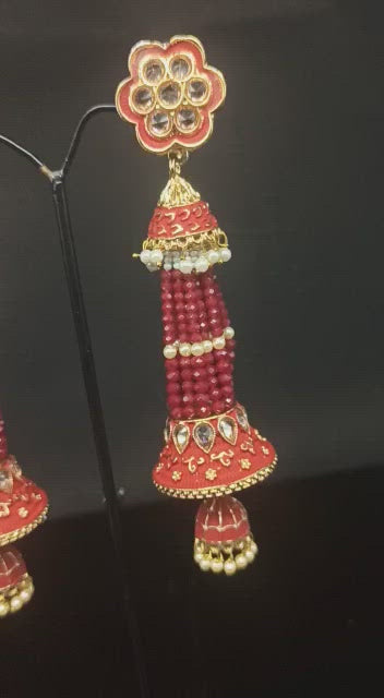 Kundan Pearl Jhumka Earrings – Red / Green / Multicolor – Zevar