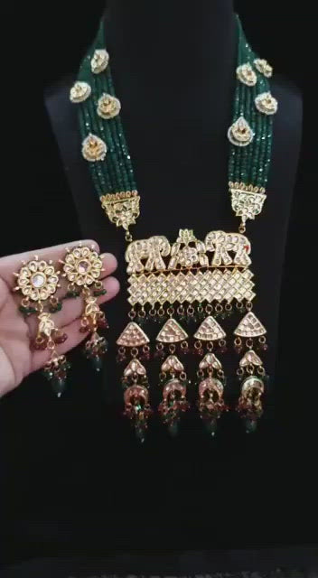 ZEVAR I Green Pearl & Kundan Studded Long Necklace Set