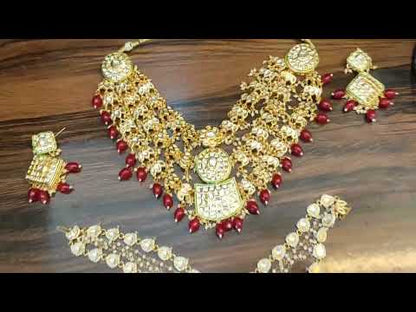 ZEVAR | High Quality Red Kundan Necklace With Matha patti Earring