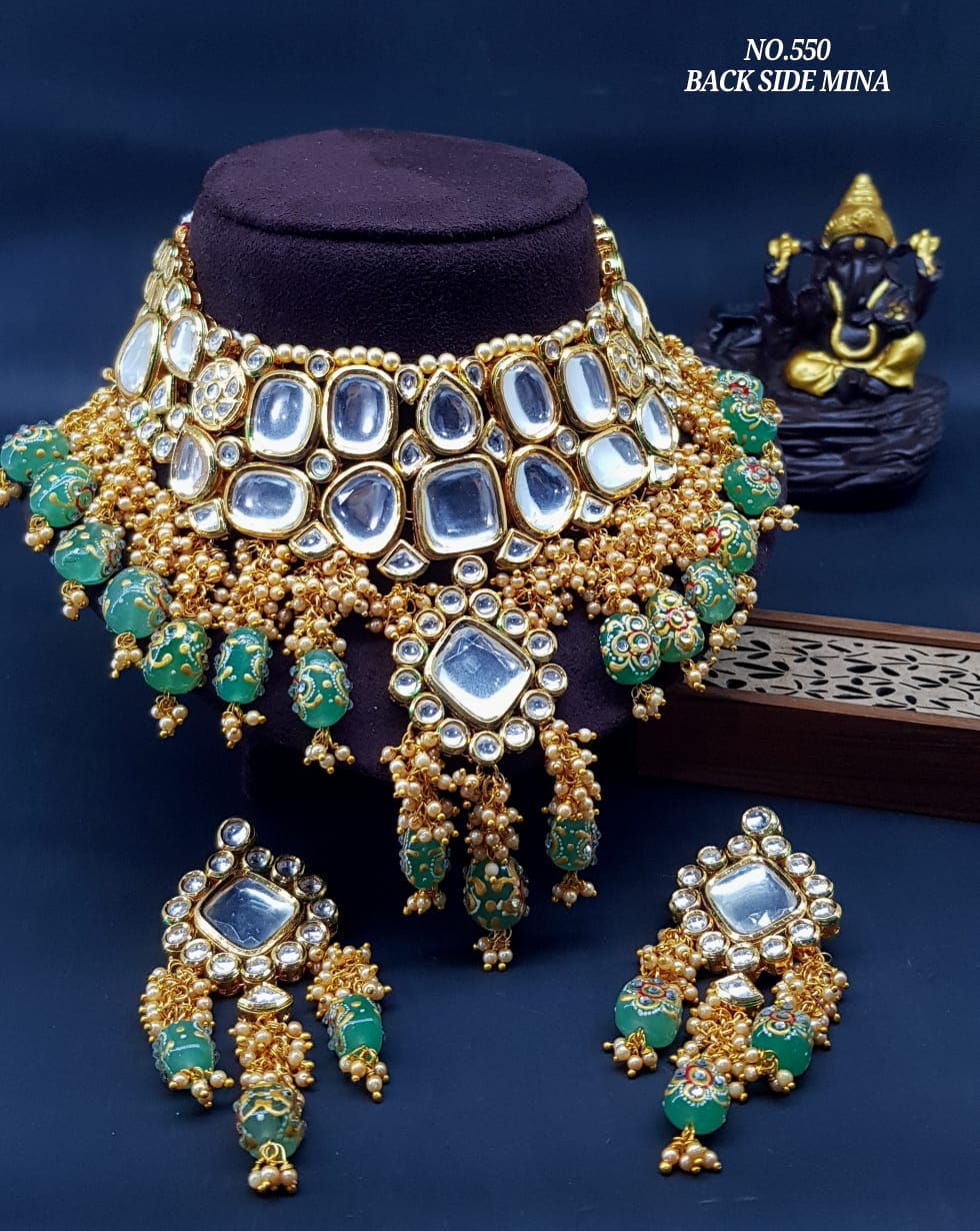 rsb choker necklace Green Meenakari Kundan Necklace Set By Zevar