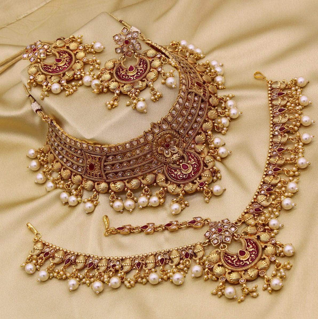 Golden Kundan Polki Choker Necklace Set - Zevar