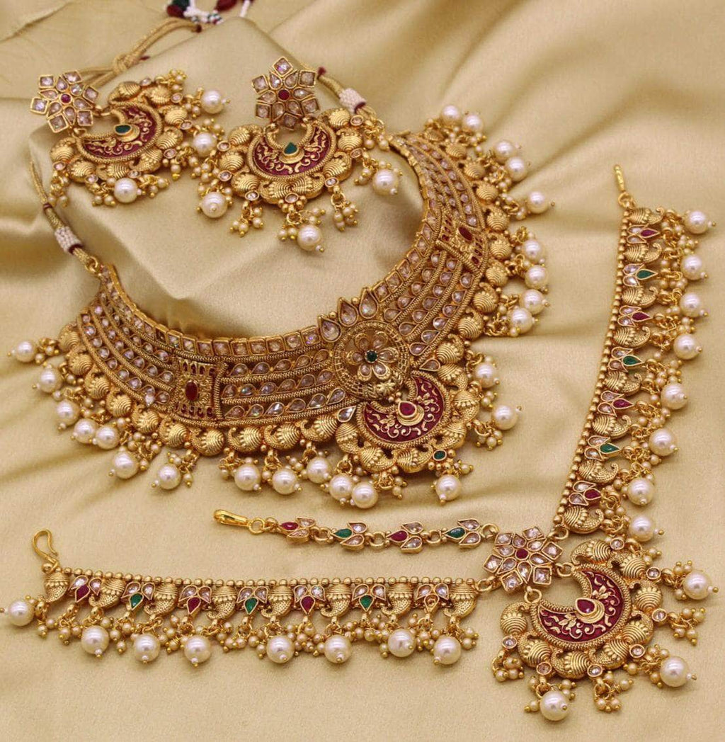 Golden Kundan Polki Choker Necklace Set - Zevar