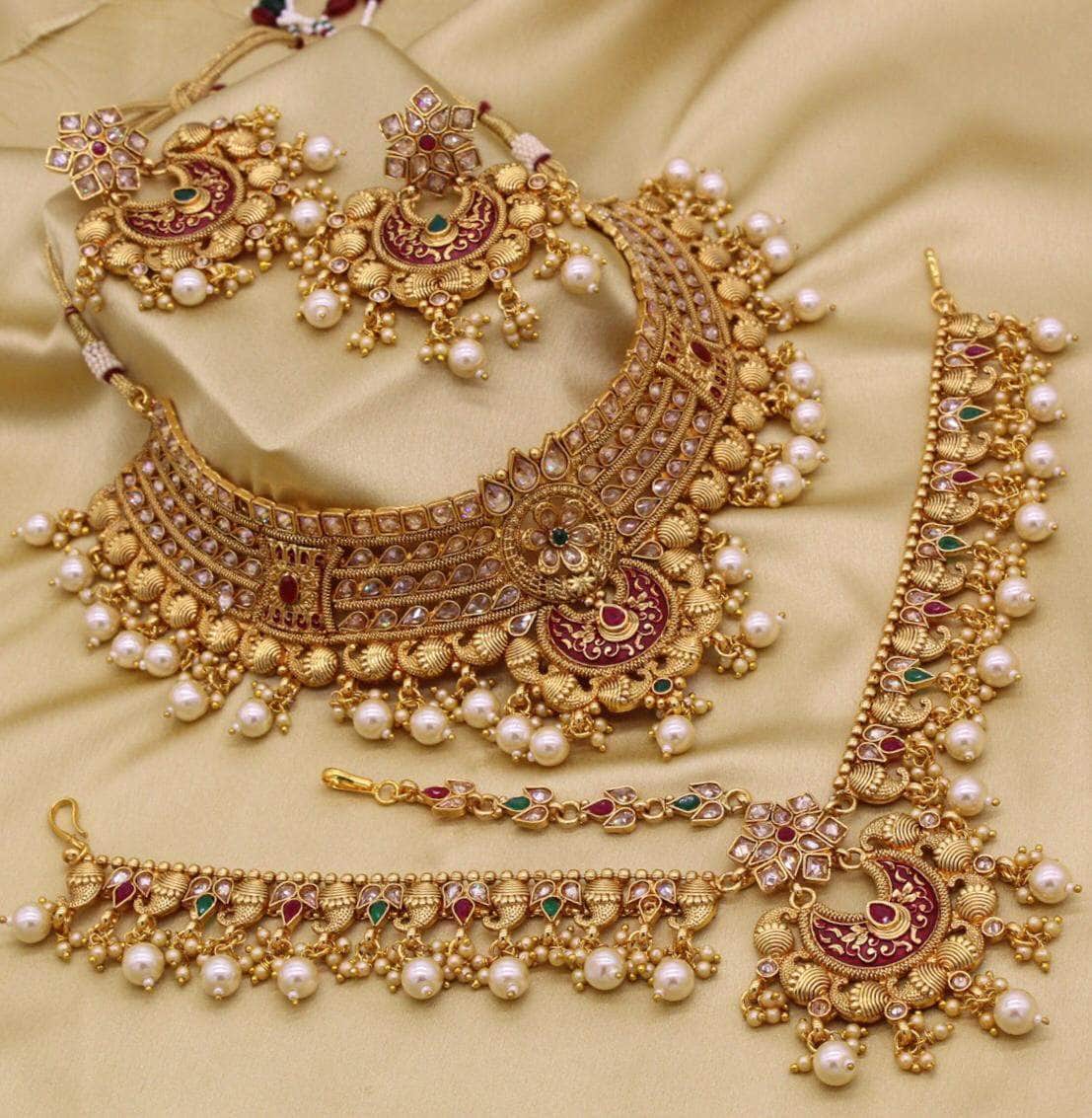 Golden Kundan Polki Choker Necklace Set - Zevar