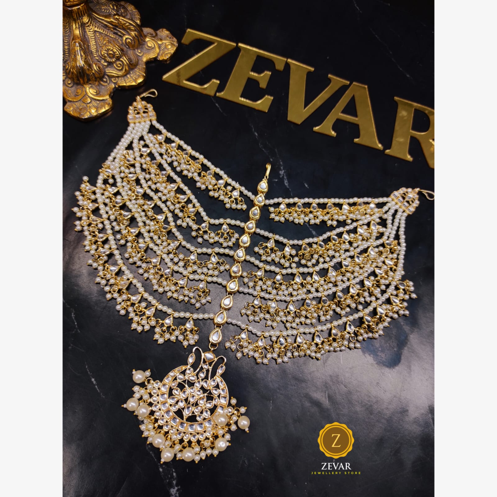 Zevar 5 Layers White Kundan-Studded & Pearl Beaded Handcrafted Matha Patti By Zevar