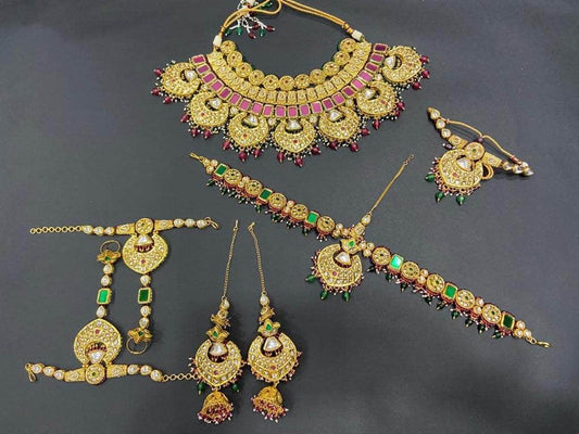 Zevar Bridal necklace Antique Pink & Green Gold Plated Indian Bridal Necklace Jewellery Set By  Zevar.